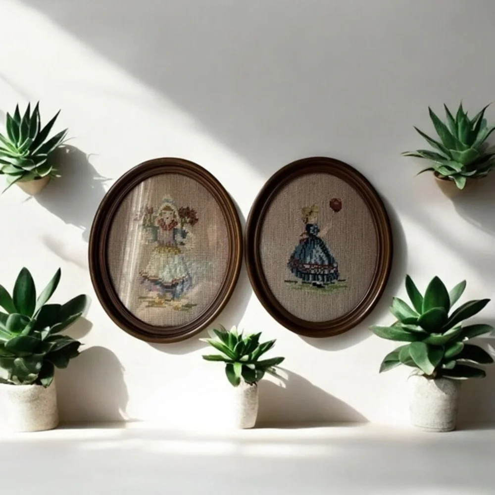Vintage needle point Wall Art Set of 2 Victorian ladies with flowers